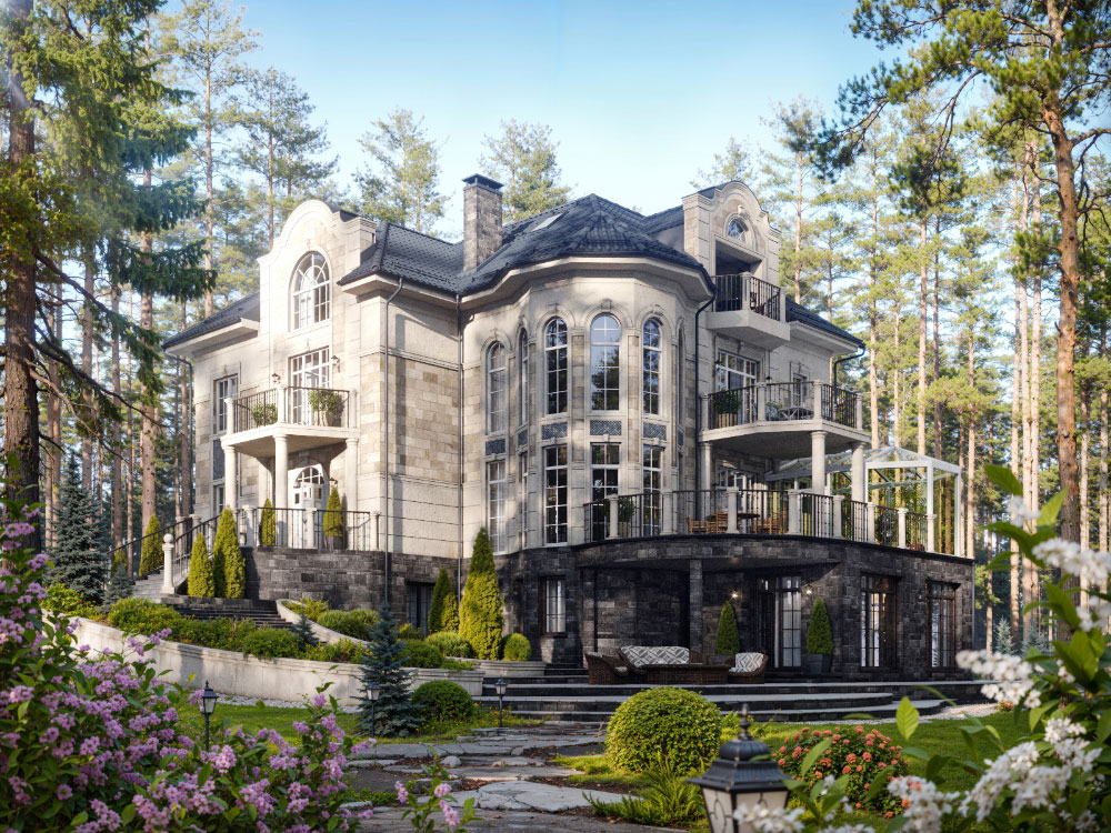 Роскошный трёхэтажный особняк с колоннами и витражными окнами в классическом стиле