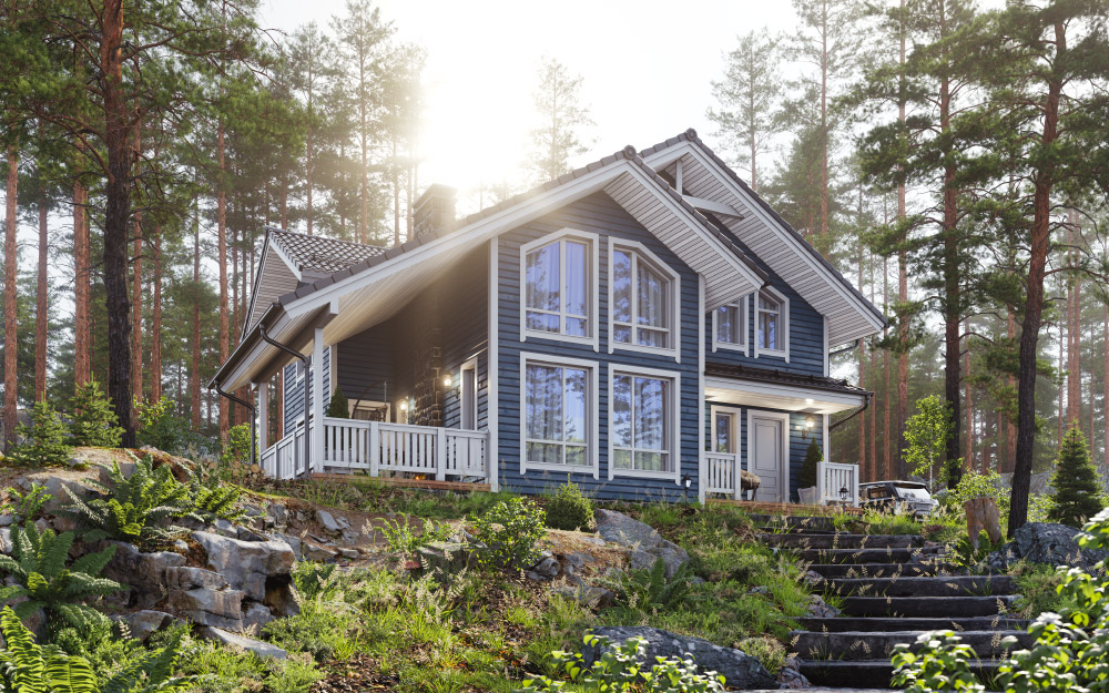 Деревянный дом с белыми рамами и террасой на склоне среди сосен — визуализация в утреннем свете
